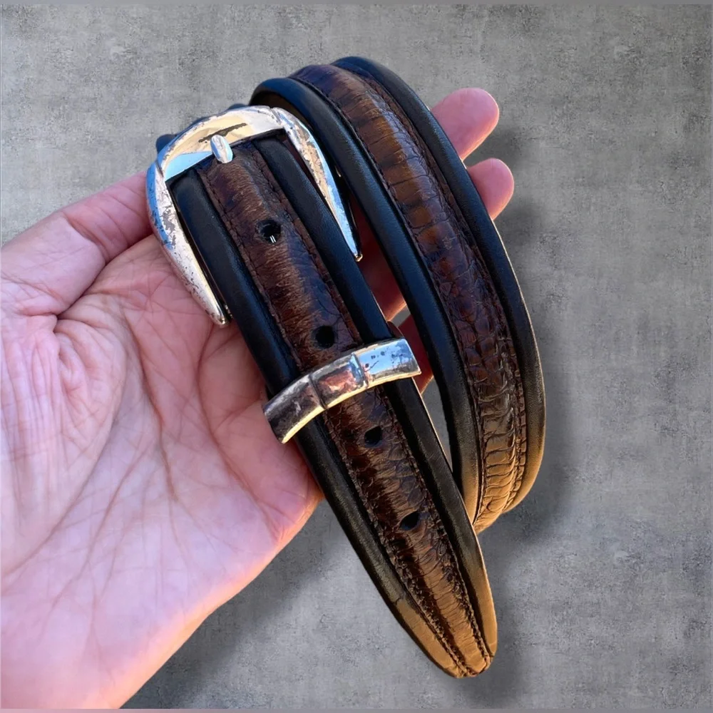 Brighton Leather Crocodile Pattern Browns with Black Belt Silver-tone Buckle 36